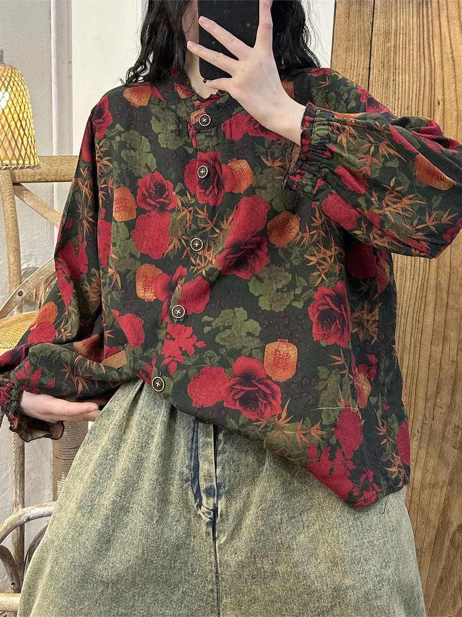 Women Vintage Flower Spring Lacework Neck Cotton Shirt Ada Fashion