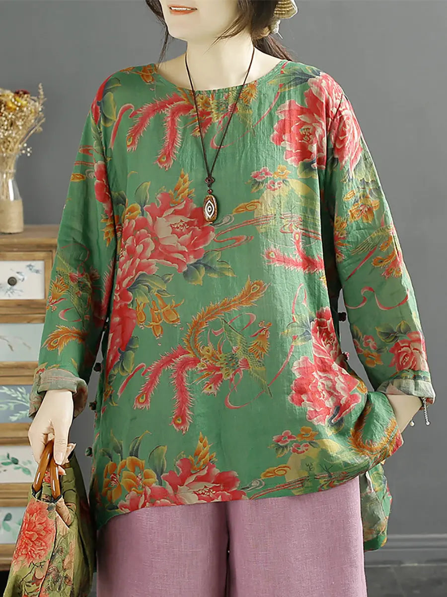 Women Vintage Flower Spring O-Neck Ramie Shirt Ada Fashion