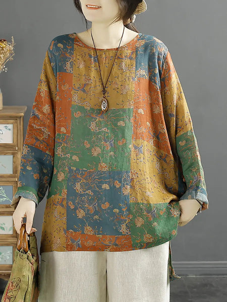 Women Vintage Flower Spring O-Neck Ramie Shirt Ada Fashion