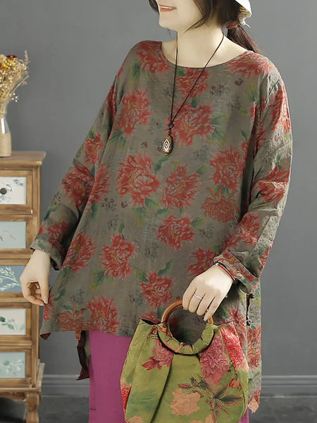 Women Vintage Flower Spring O-Neck Ramie Shirt Ada Fashion