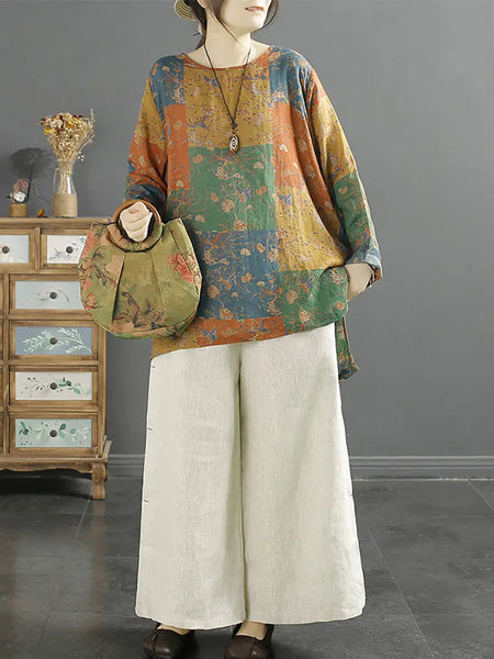 Women Vintage Flower Spring O-Neck Ramie Shirt Ada Fashion