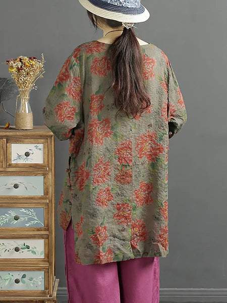 Women Vintage Flower Spring O-Neck Ramie Shirt Ada Fashion
