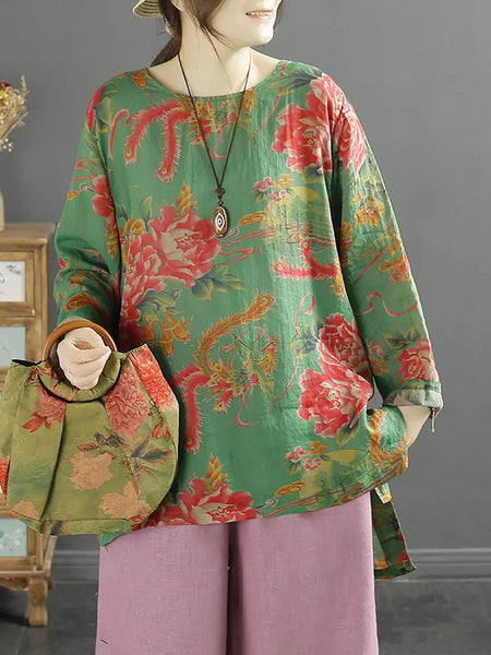 Women Vintage Flower Spring O-Neck Ramie Shirt Ada Fashion