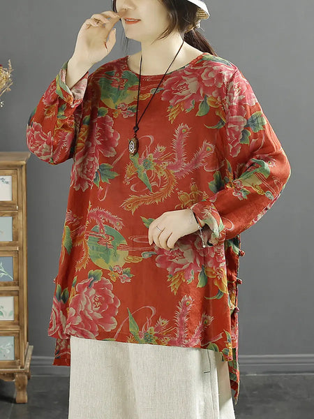 Women Vintage Flower Spring O-Neck Ramie Shirt Ada Fashion