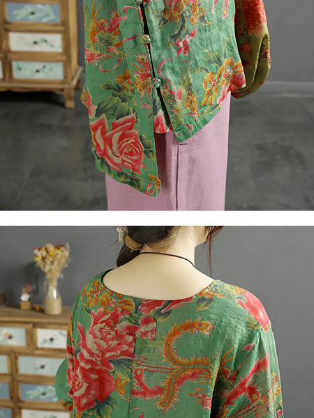 Women Vintage Flower Spring O-Neck Ramie Shirt Ada Fashion