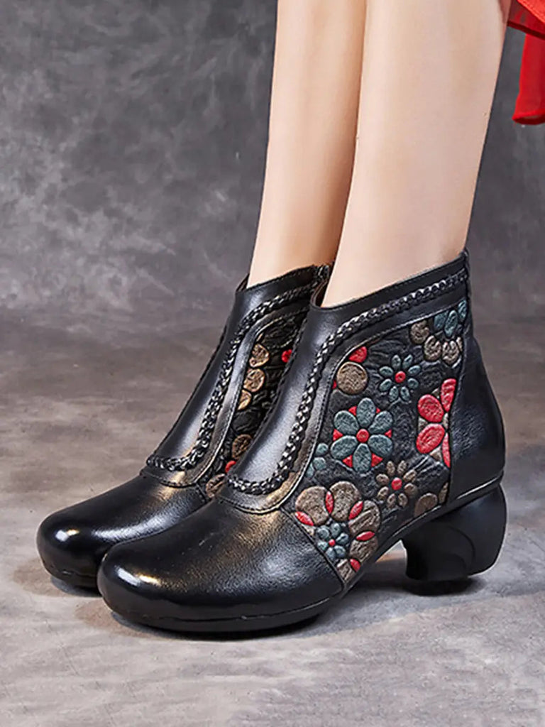 Women Vintage Leather Flower Jacquard Ankle Boots Ada Fashion