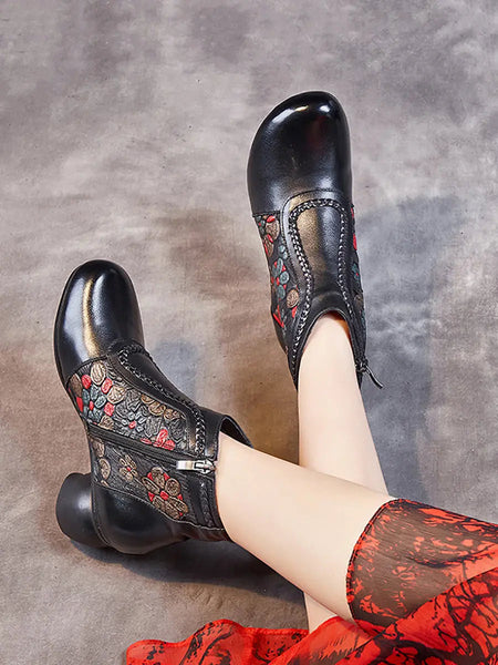 Women Vintage Leather Flower Jacquard Ankle Boots Ada Fashion