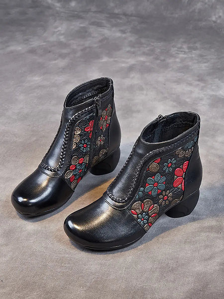 Women Vintage Leather Flower Jacquard Ankle Boots Ada Fashion