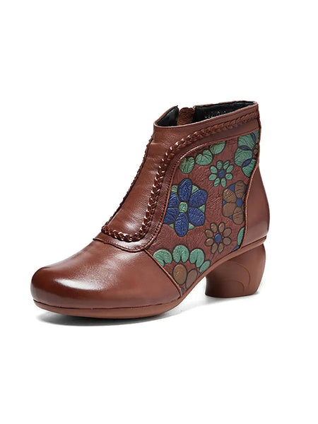 Women Vintage Leather Flower Jacquard Ankle Boots Ada Fashion