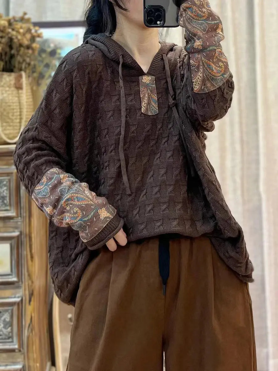 Women Vintage Patch Spliced Jacquard Hooded Sweater Ada Fashion