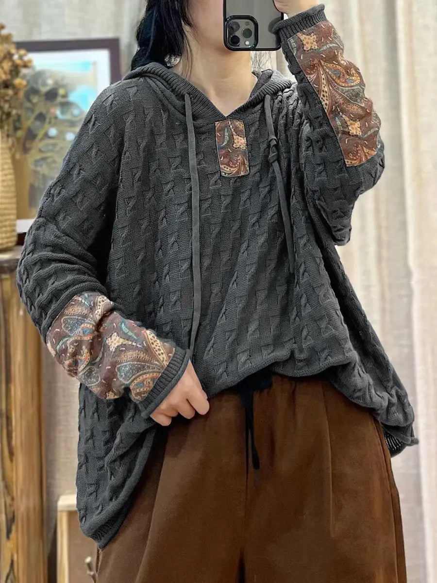 Women Vintage Patch Spliced Jacquard Hooded Sweater Ada Fashion