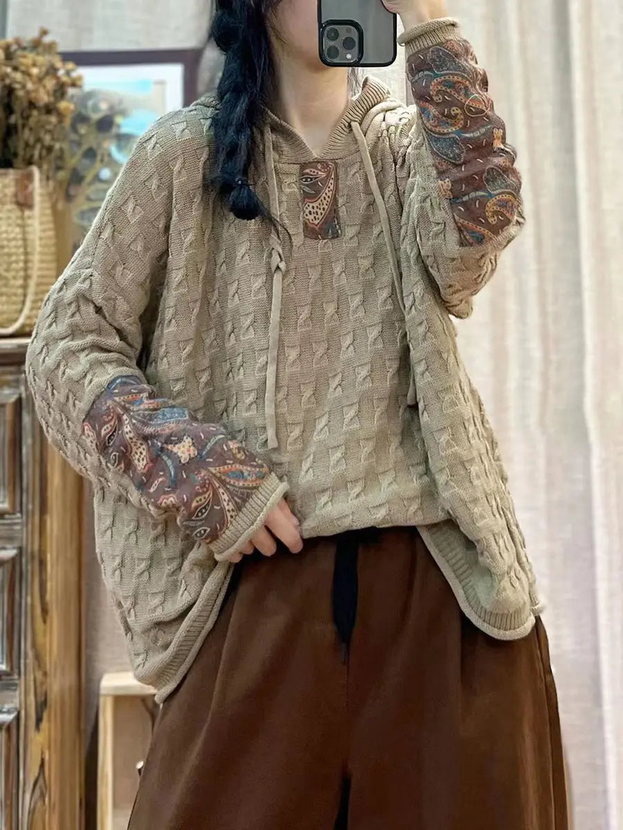 Women Vintage Patch Spliced Jacquard Hooded Sweater Ada Fashion
