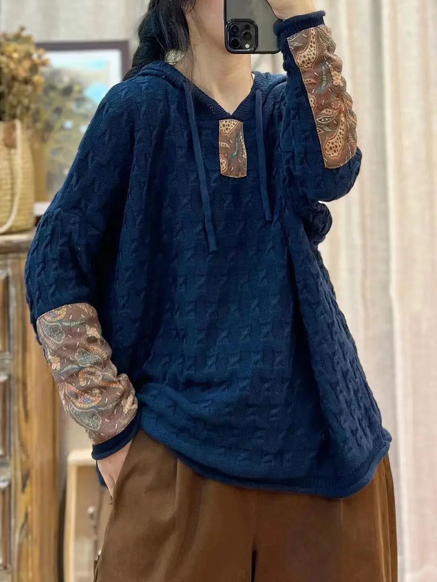 Women Vintage Patch Spliced Jacquard Hooded Sweater Ada Fashion