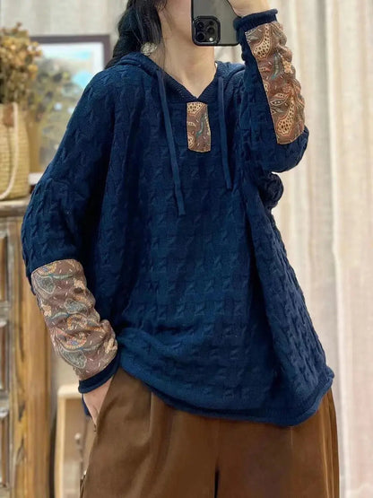 Women Vintage Patch Spliced Jacquard Hooded Sweater Ada Fashion