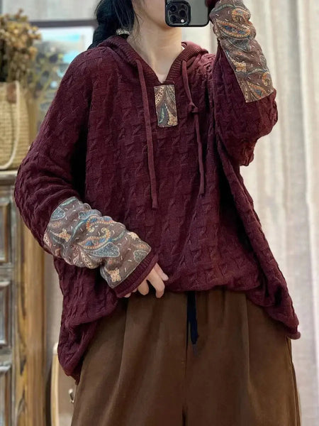 Women Vintage Patch Spliced Jacquard Hooded Sweater Ada Fashion