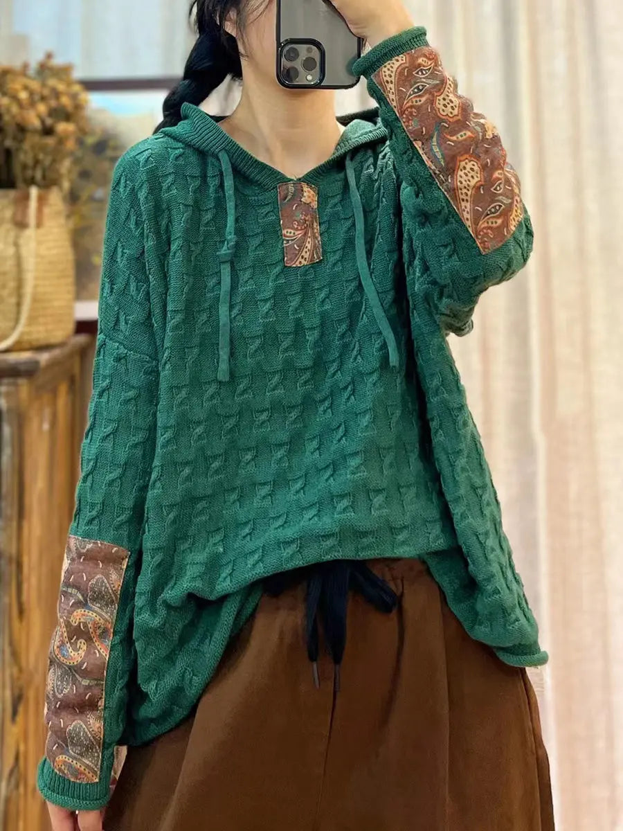 Women Vintage Patch Spliced Jacquard Hooded Sweater Ada Fashion