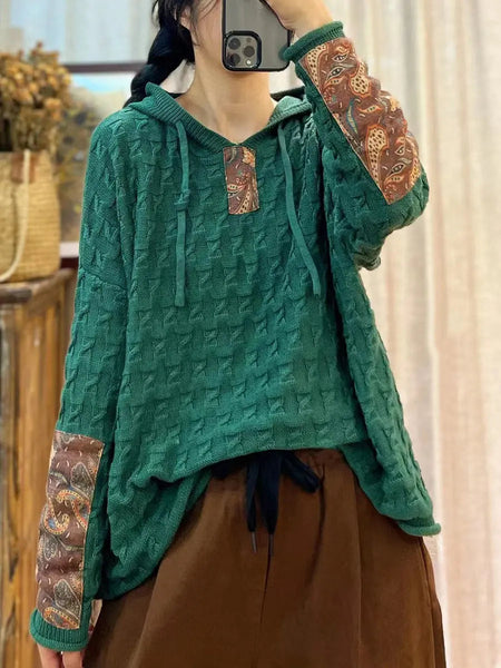 Women Vintage Patch Spliced Jacquard Hooded Sweater Ada Fashion