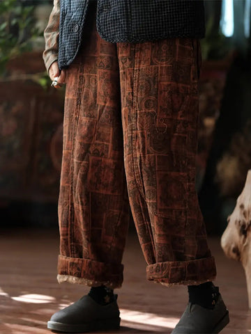 Women Vintage Print Winter 100%Cotton Padded Pants Ada Fashion