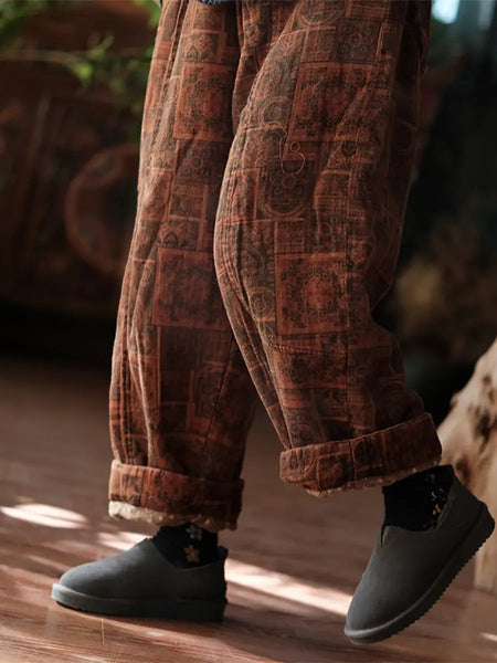 Women Vintage Print Winter 100%Cotton Padded Pants Ada Fashion