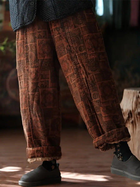 Women Vintage Print Winter 100%Cotton Padded Pants Ada Fashion