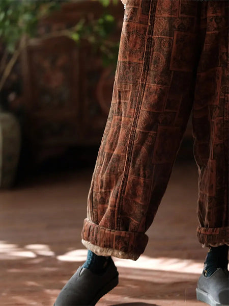 Women Vintage Print Winter 100%Cotton Padded Pants Ada Fashion