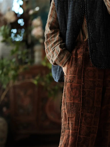 Women Vintage Print Winter 100%Cotton Padded Pants Ada Fashion