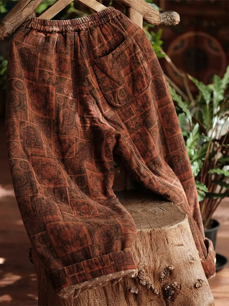 Women Vintage Print Winter 100%Cotton Padded Pants Ada Fashion