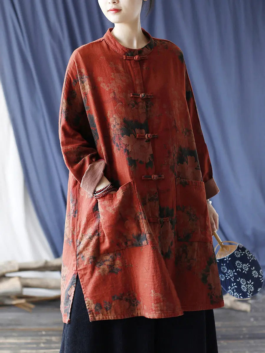 Women Vintage Red Flower Cotton Linen Long Shirt Ada Fashion