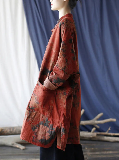 Women Vintage Red Flower Cotton Linen Long Shirt Ada Fashion