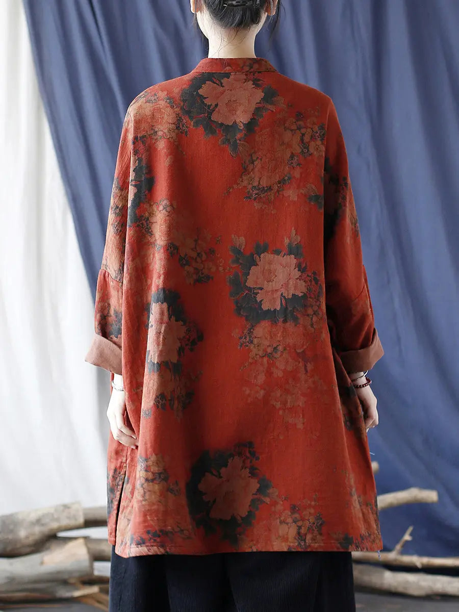 Women Vintage Red Flower Cotton Linen Long Shirt Ada Fashion