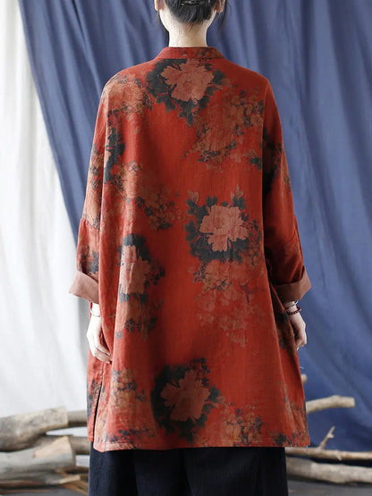 Women Vintage Red Flower Cotton Linen Long Shirt Ada Fashion