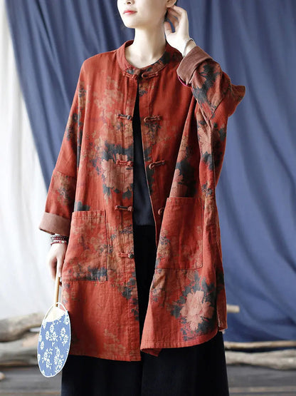 Women Vintage Red Flower Cotton Linen Long Shirt Ada Fashion