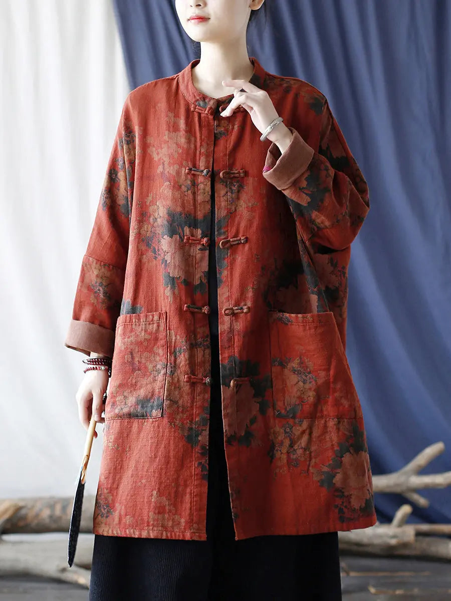 Women Vintage Red Flower Cotton Linen Long Shirt Ada Fashion