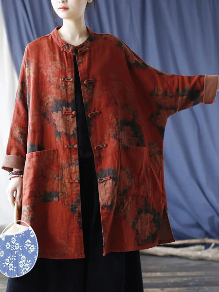 Women Vintage Red Flower Cotton Linen Long Shirt Ada Fashion