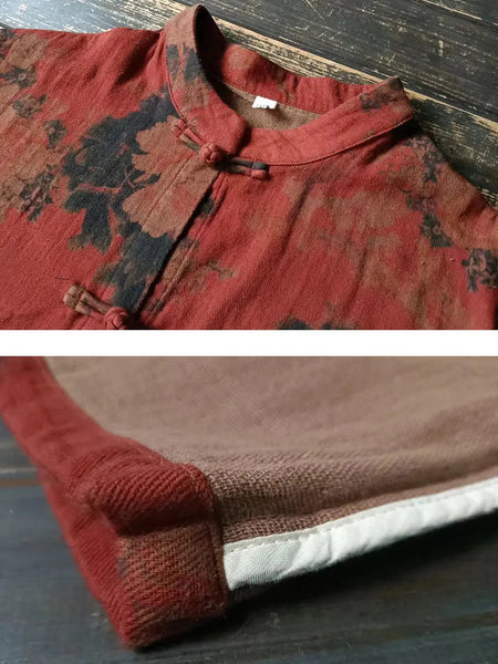 Women Vintage Red Flower Cotton Linen Long Shirt Ada Fashion