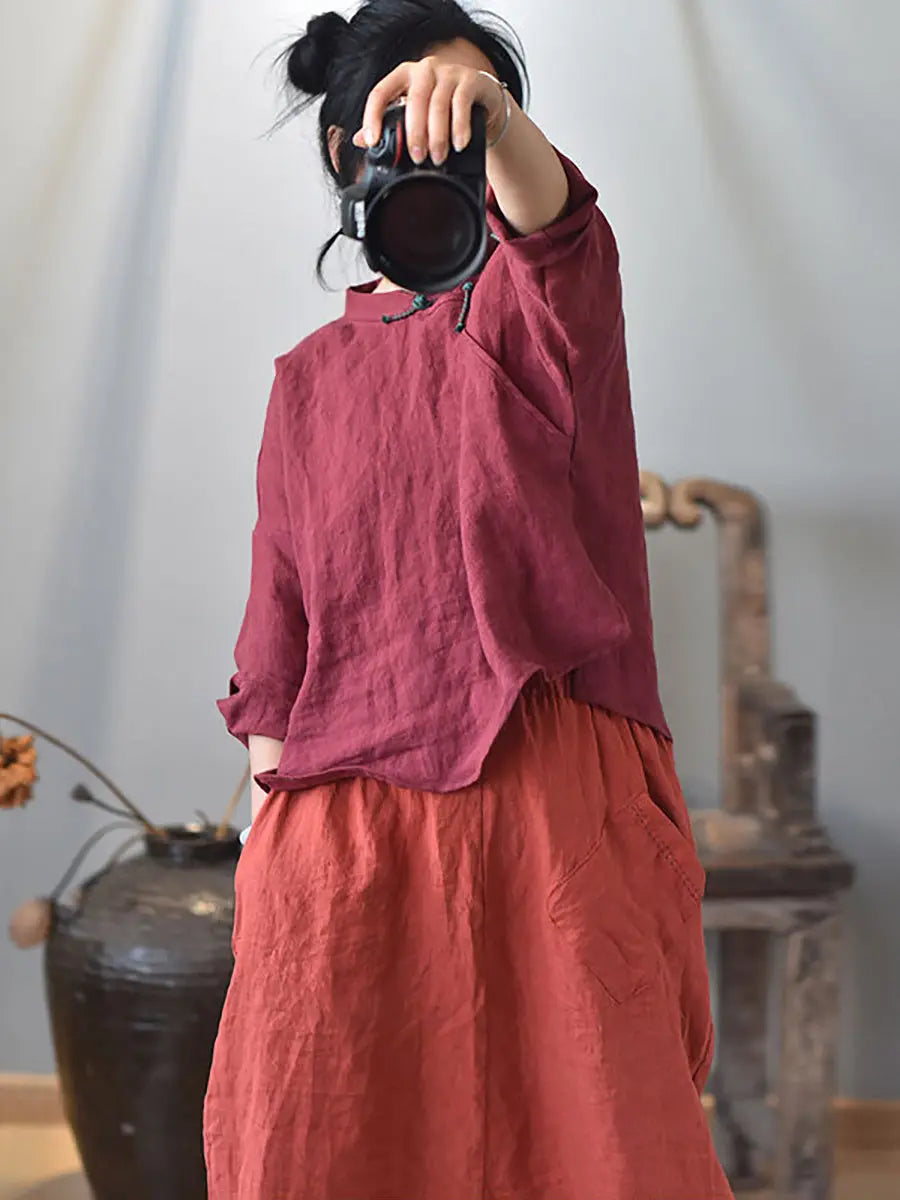 Women Vintage Solid Knot Button Linen Shirt Ada Fashion