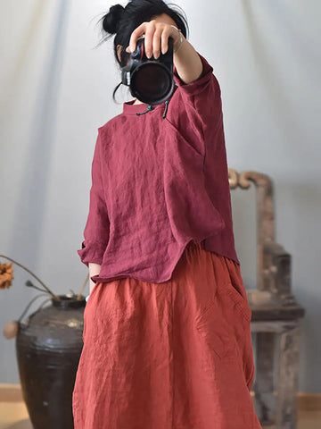 Women Vintage Solid Knot Button Linen Shirt Ada Fashion