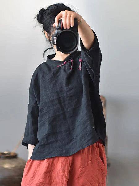 Women Vintage Solid Knot Button Linen Shirt Ada Fashion