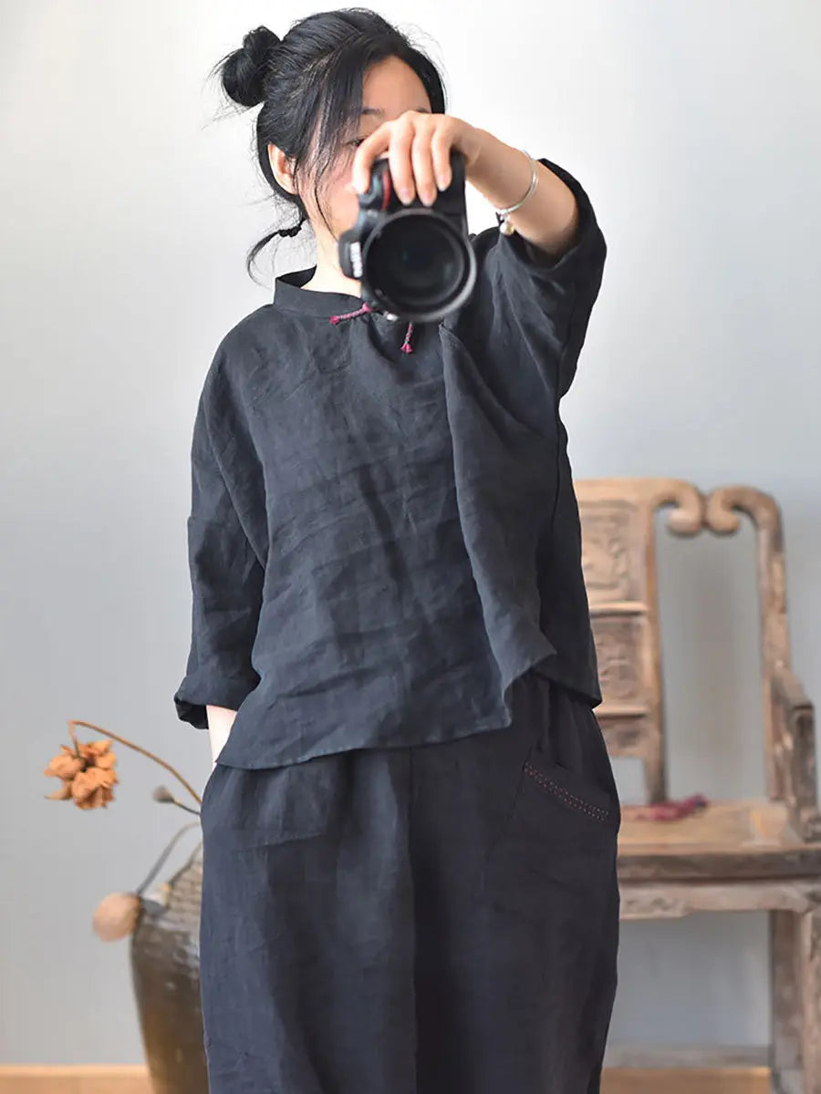 Women Vintage Solid Knot Button Linen Shirt Ada Fashion