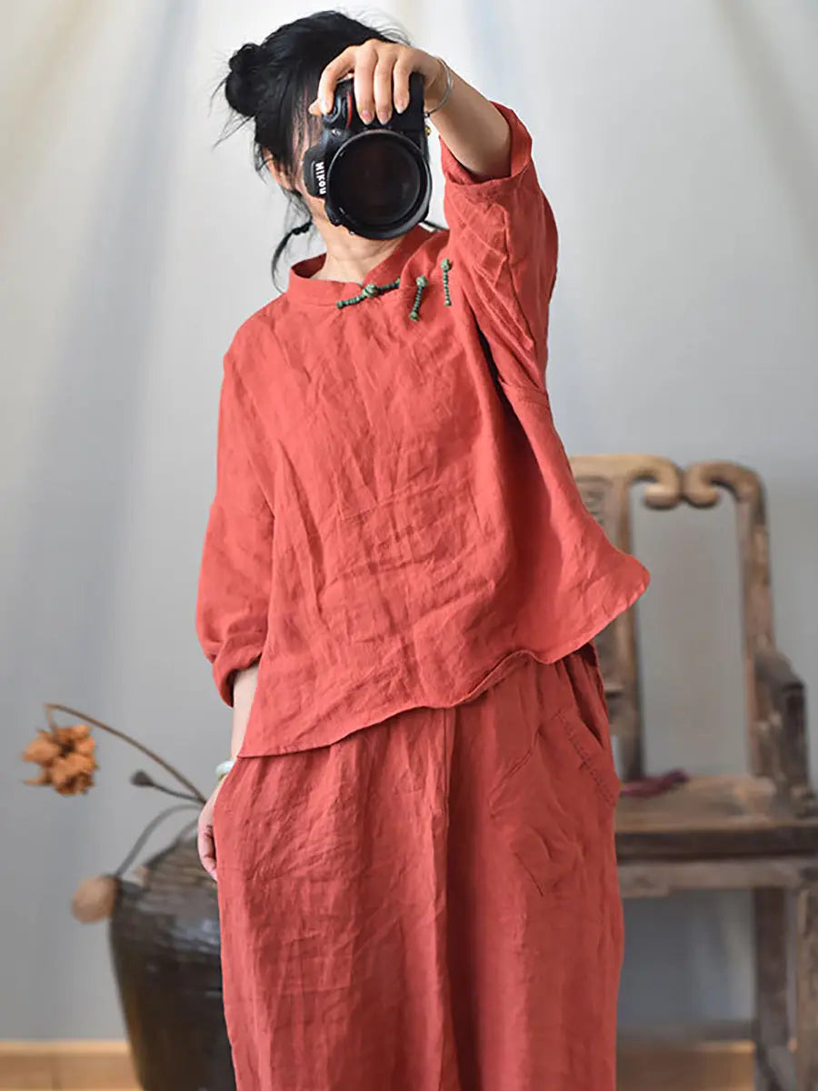 Women Vintage Solid Knot Button Linen Shirt Ada Fashion