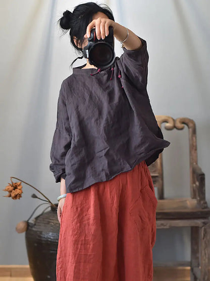 Women Vintage Solid Knot Button Linen Shirt Ada Fashion