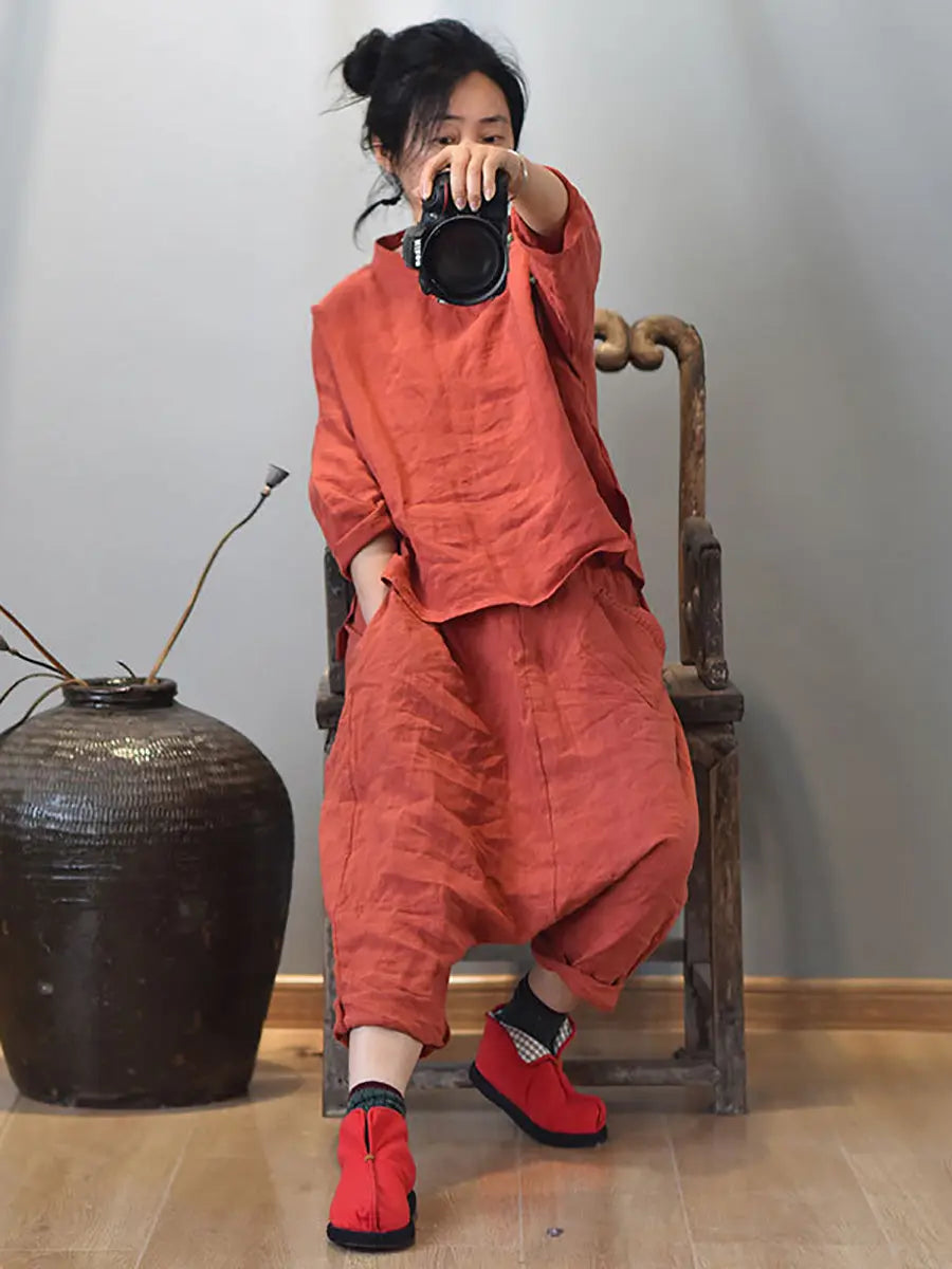 Women Vintage Solid Knot Button Linen Shirt Ada Fashion