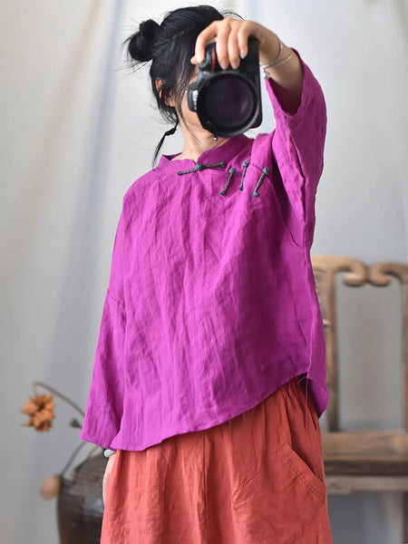 Women Vintage Solid Knot Button Linen Shirt Ada Fashion