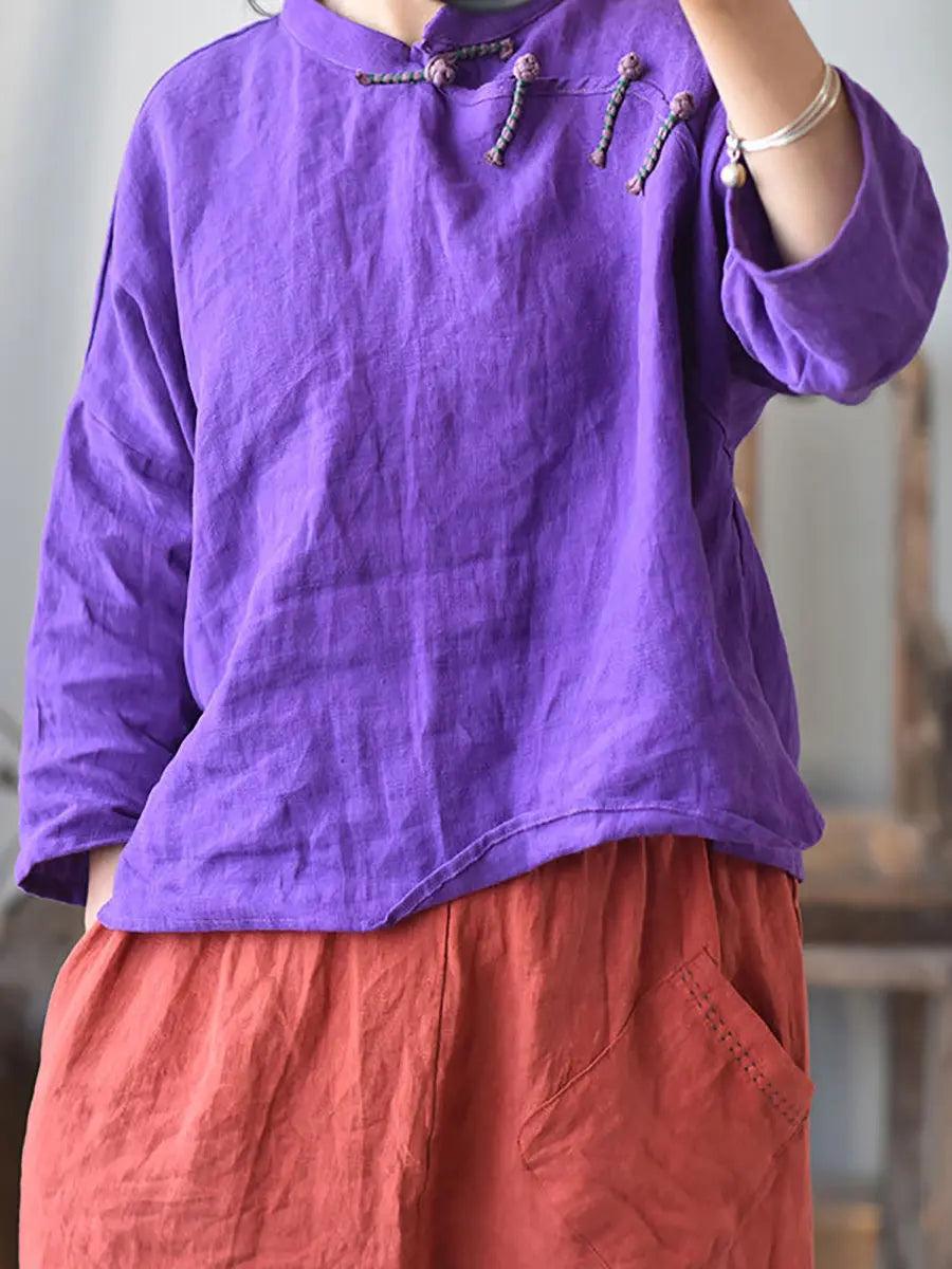 Women Vintage Solid Knot Button Linen Shirt Ada Fashion