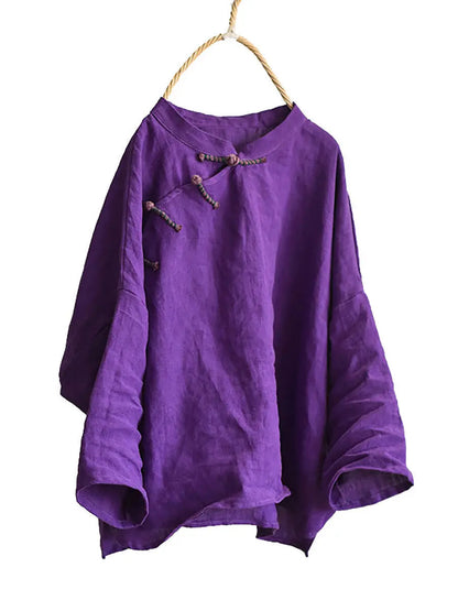 Women Vintage Solid Knot Button Linen Shirt Ada Fashion