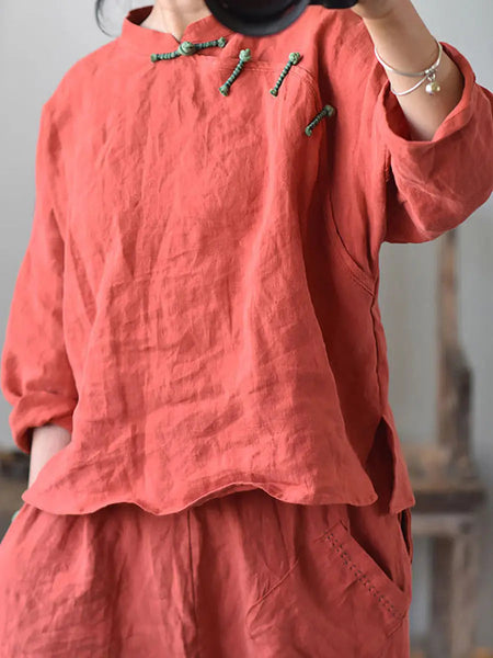 Women Vintage Solid Knot Button Linen Shirt Ada Fashion