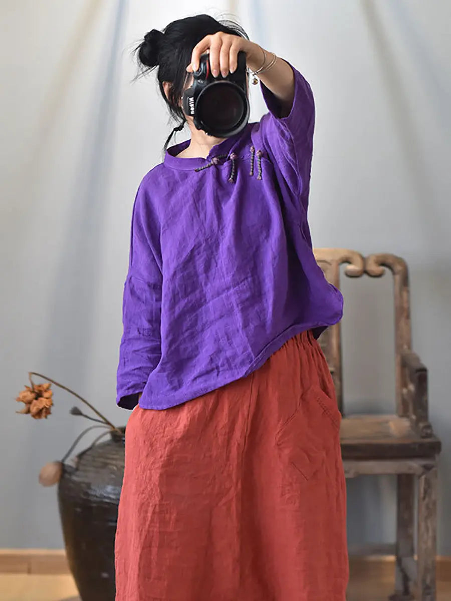 Women Vintage Solid Knot Button Linen Shirt Ada Fashion