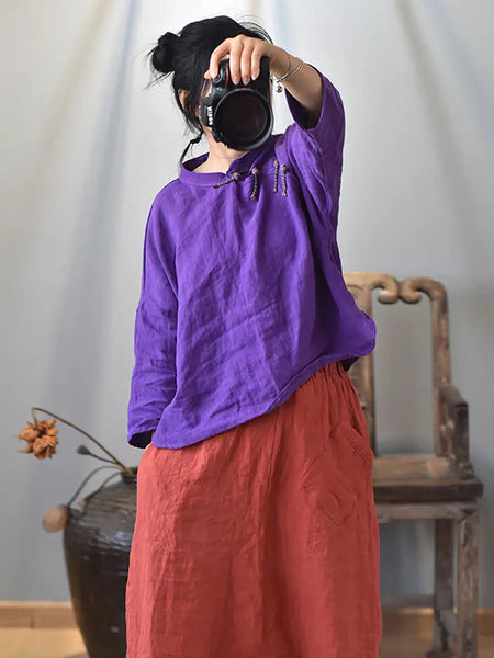 Women Vintage Solid Knot Button Linen Shirt Ada Fashion