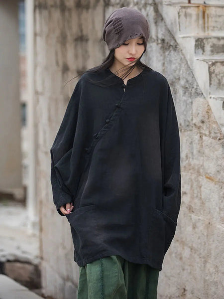 Women Vintage Solid Ramie Slant-Closure Long Shirt Ada Fashion