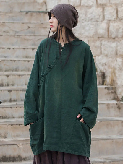 Women Vintage Solid Ramie Slant-Closure Long Shirt Ada Fashion